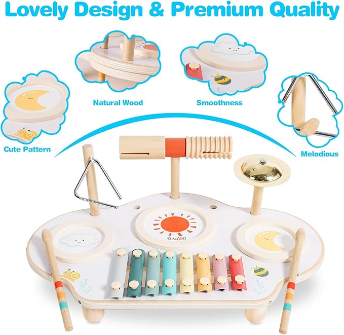 Kids Drum Set - 9 in 1 Baby Drum Set for Toddlers - Montessori Musical Instruments Toy for Babies - Wooden Xylophone Musical Toys for Boys and Girls