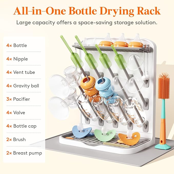 Lifewit Large Baby Bottle Drying Rack with Drain Mat, 15 Hooks Vertical Rack Dryer with Removable Pacifiers Box, Drip Tray, Space Saving Countertop Holder Organizer for Weighted Straws, Pump Parts