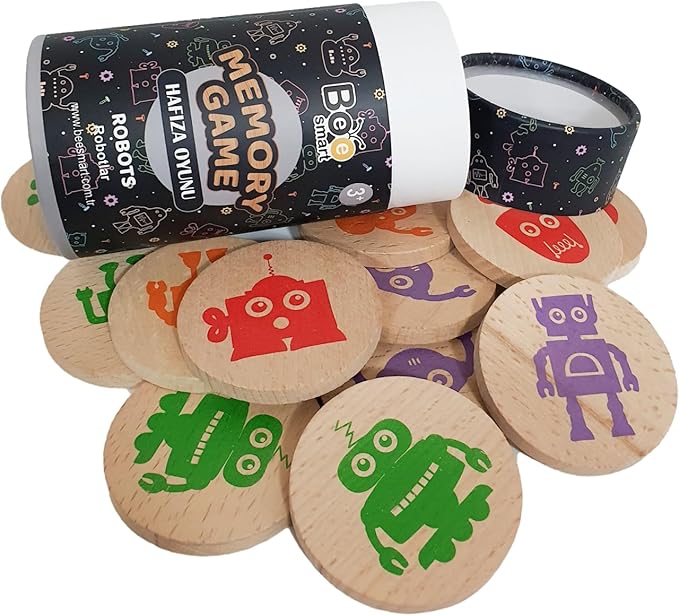 bee smart Wooden Memory Game - Matching Memory Game for Kids 3 and Up, 16Pcs | Educational Toy for Preschool Toddlers Board Games (Robots)
