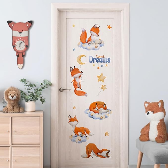 Yovkky Sweet Dream Sleeping Fox Wall Decals Stickers, Cloud Moon Stars Neutral Toddler Baby Nursery Decor, Cute Home Decorations Kids Bedroom Playroom Art