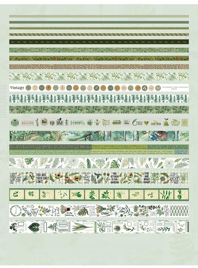 MAFELOE Decorative Vintage Washi Tapes Set 20 Rolls 2 Meters Long, Adhesive Scrapbook Junk Journaling Art Craft Collage Supplies-Forest Dream Series-Green (WT-M4-SLMJ)