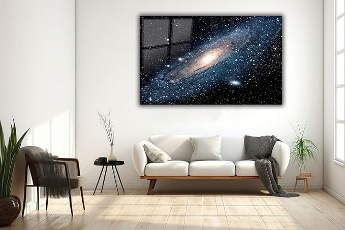 SpiritualHands Andromeda Space Galaxy Glass Wall Art Painting for Living Room, Tempered Glass Modern Prints Decor, Large Vivid Color Panel for Bedroom, Kitchen, or Office