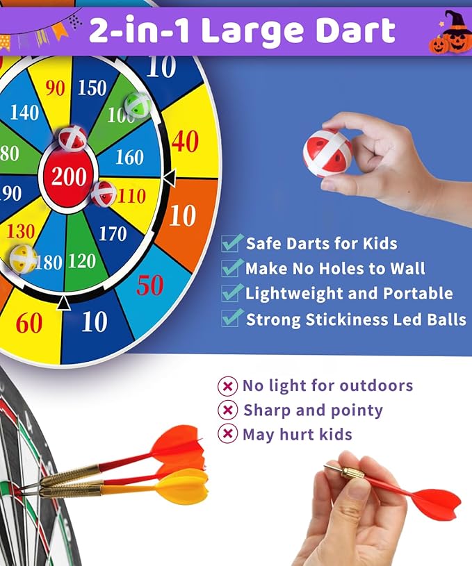 2 in 1 29" Large LED Dart Board for Kids 8-12 Games with 12 LED Sticky Balls, Indoor & Outdoor Games for Kids 8-12, APP Control Board Games for Kids