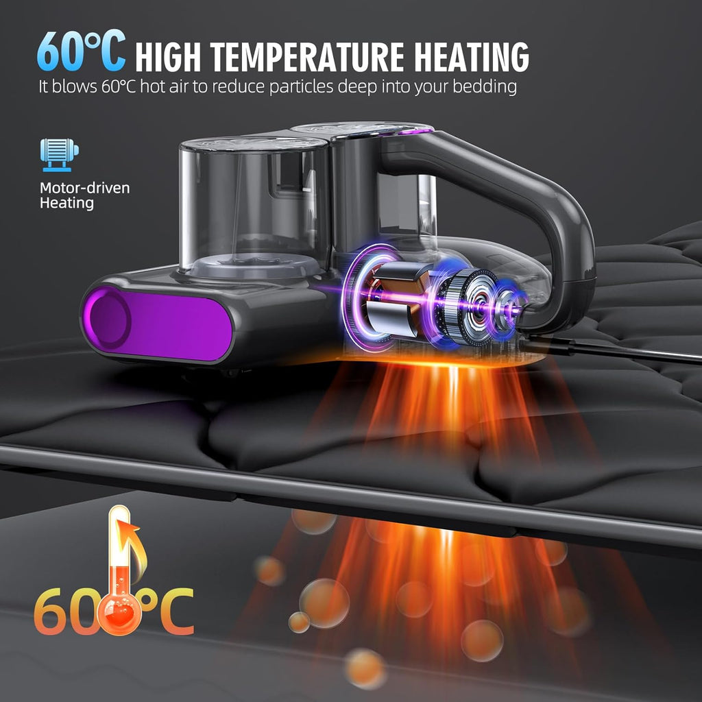 Mattress Vacuum Bed Vacuum Cleaner with UV 16Kpa Suction Filter 253.7nm UV-C Light & 30000 RPM/Min Brushroll Rotation & Heating & Ultrasonic Quintuple Tech, Widened Suction Port, 500W, Corded