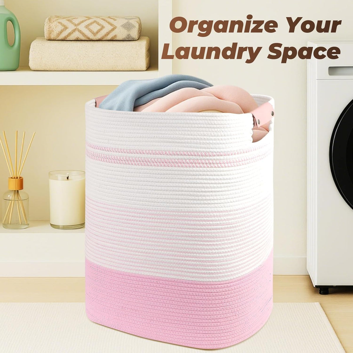 Laundry Basket with Handles - Blanket Basket & Hampers for Bedroom Aesthetic, Laundry Hamper & Blanket Storage for Living Room, Clothes Hamper, Tall, Large 17" x 14" x 22”, Pink & White