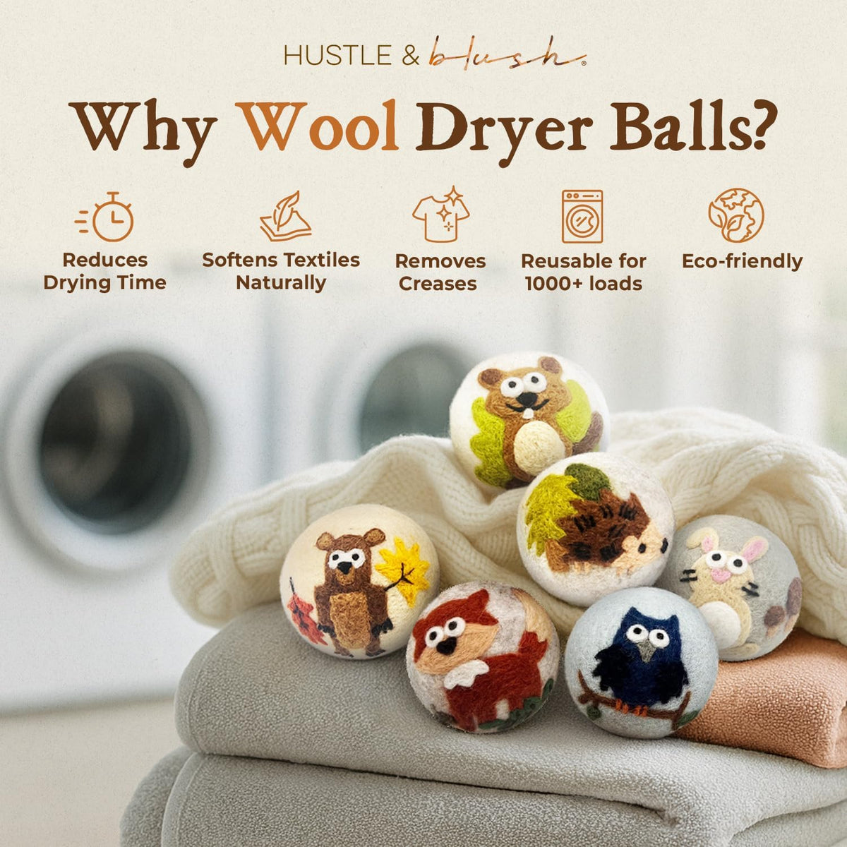 Fluff Ewes Wool Dryer Balls 6 Pack Premium New Zealand Wool Laundry Balls for Dryer, No Static Dryer Balls Laundry Reusable, XL Hedgehog Dryer Balls, Baby Dryer Balls for Dryers - Hedgehog and Homies