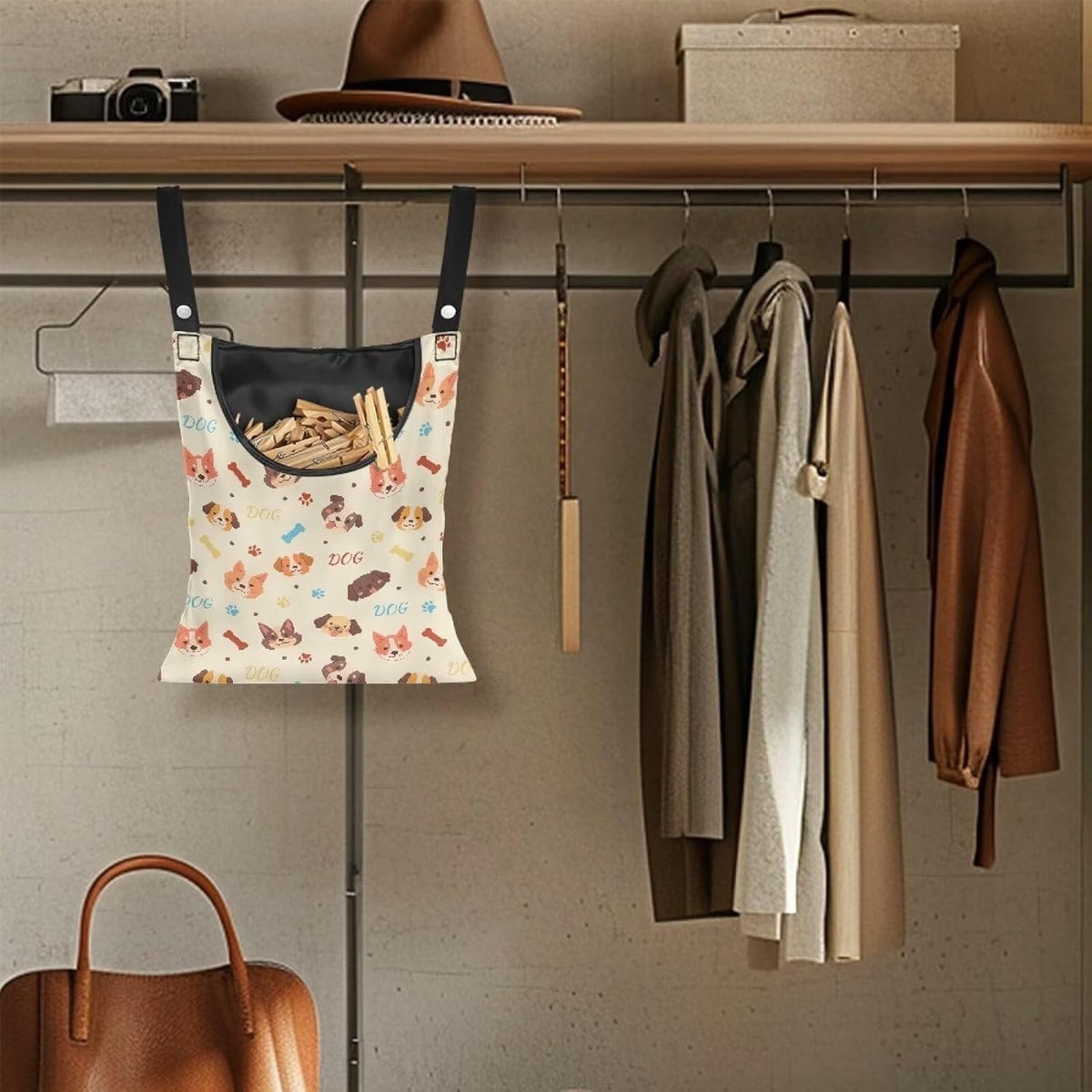 Clothes Pin Hanging Bag with Hanging Rope 14.5 X 12 Inch Clothespin Bag for Clothes Pins and Clothespins Heavy Duty Outdoor Use - Dog
