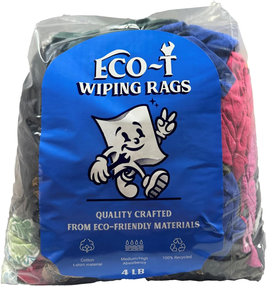 4 Lb Bag Eco-T Mechanic Shop Rags - Colored T-Shirt Material, 100% Recycled, Eco-Friendly, High Absorbency, Low Lint, Low-Cost, Industrial Use Wiping Cloth