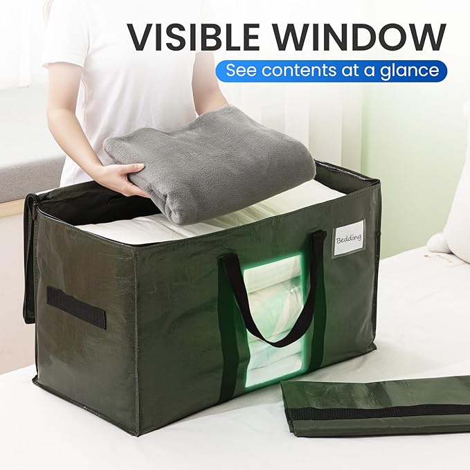 TAILI 10 Pack Green Extra Large Storage Bags, Heavy Duty Totes with Visible Window, Wrap Around Handles, Perfect for Moving