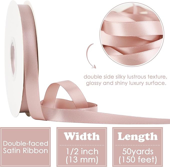 HUIHUANG Dusty Rose Rose Satin Ribbon 1/2 inch X 50 Yards Continuous, Dusty Pink Double-Faced Satin Ribbon for Gift Wrapping, Bows, DIY Crafts, Flower Bouquet, Wedding Bridal Shower Decor