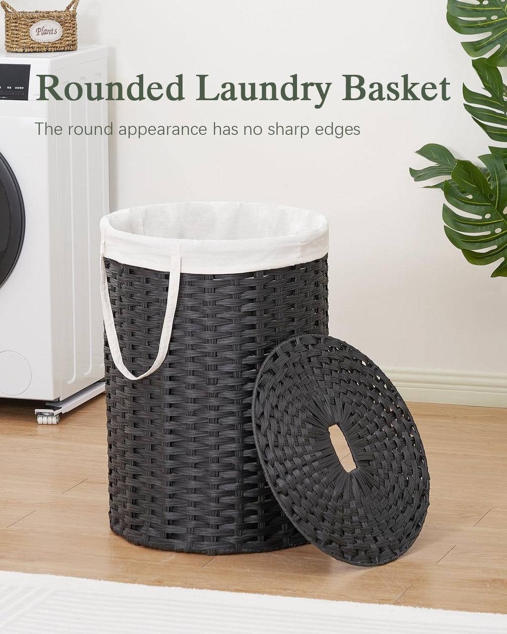 Laundry Basket with Lid Round Rattan Laundry Hamper with Lid and Handles 29.1 Gal (110 L) Handwoven Woven Basket with Removable Bags and 2 Mesh Bags for Bathroom Living Room Black