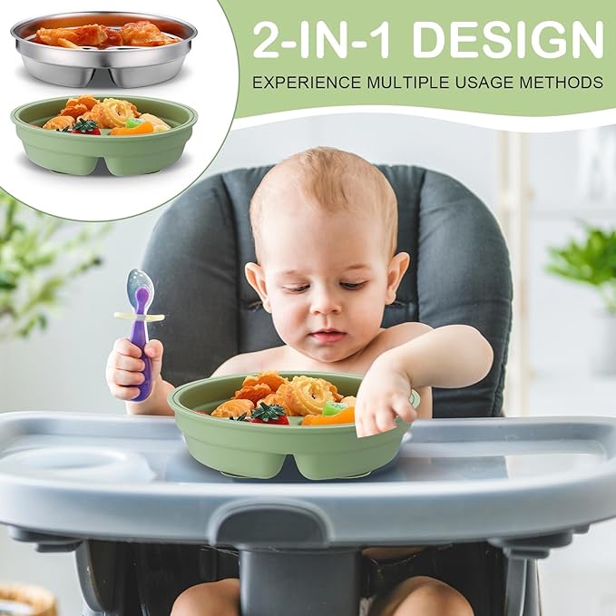 Nuogo 3 Pcs Stainless Steel Baby Suction Plates with Removable Silicone Shell 2-in-1 Metal Toddler Bowl Divided for Picky Eaters Kids Feeding Led Weaning Supplies, Dishwasher Safe (Blue,Pink,Green)