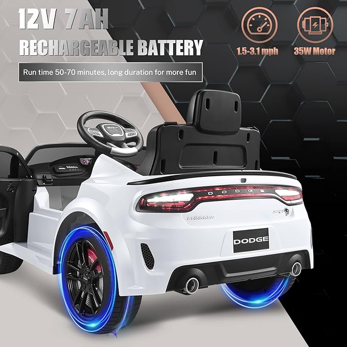 12V 7Ah Kids Electric Ride on Car, Licensed Dodge Charger SRT Hellcat, Battery Powered 4-Wheels Toy Car Electric Vehicle for Kids with Remote Control, 3 Speeds, LED Lights, Music (White)