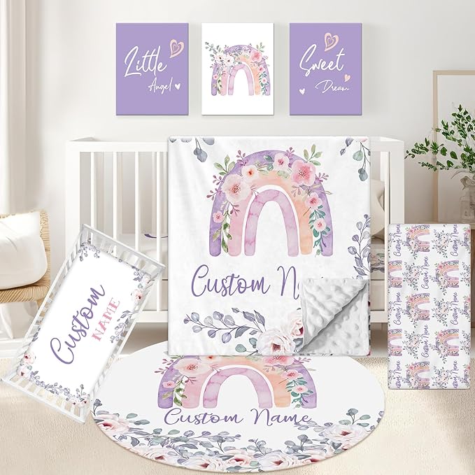 Personalized Baby Bedding Set, 5 Pcs Custom Baby Crib Set with Name, Soft Flannel Rainbow Crib Bedding Set for Girls, Double Layer Nursery Bedding Set, Infant Toddler Bedding Set Parents Gift