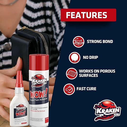 Kraken Bond Wow! CA Glue (24x3.50 oz) with Spray Adhesive Activator (24x13.50 fl oz) - Cyanoacrylate, with Activator, Fast CA Glue for Woodworking, Crazy & Craft - 24 Pack