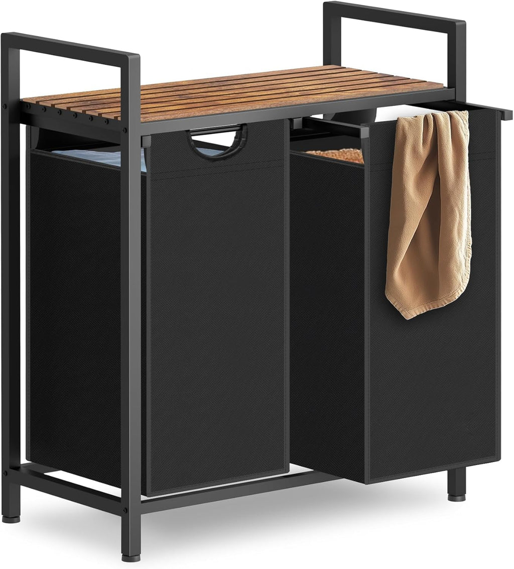 Laundry Hamper, Laundry Sorter with 2 Pull-Out Removable Oxford Fabric Bags Cloth Laundry Basket 2 x 10 Gallons (Black and Rustic Brown)