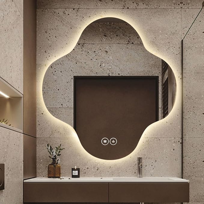 Irregular Bathroom Mirror with LED Light, Wall Mounted Mirror with Demister Pad, 3-Color Dimmable LED Light, for Wall, Living Room, Bedroom, Vanity, Entryway(60cm/23.6in)