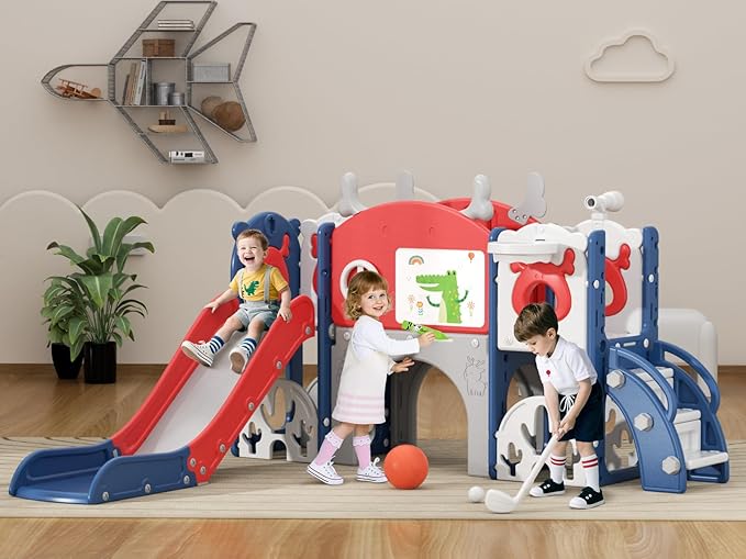 XJD 13 in 1 Toddler Slide Set, Kids Slide for Toddlers Age 1+, New Upgrade with Golf Set, Basketball Hoop, Drawing Board for Indoor Outdoor Playset,Toddler Playground (Blue Red)