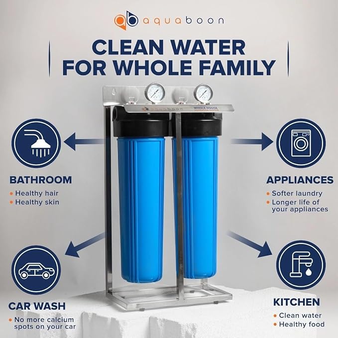 Aquaboon 2-Stage Water Filter System with Prefilter & 20x4.5 Anti-Scale/Sediment, KDF Whole House Filters, Pressure Gauge & Release, Wrench, Freestanding Steel Frame