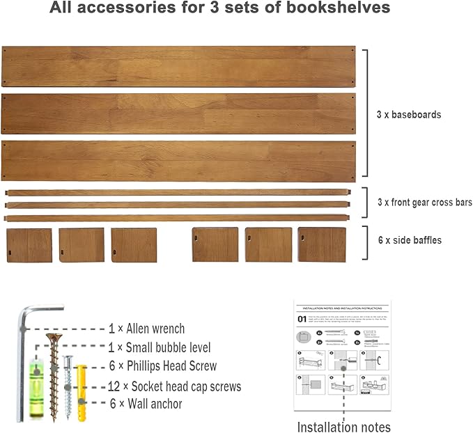 AZSKY Light Walnut Nursery Book Shelves 36 in Floating Wall Mounted Bookshelf Kids Room Hanging Shelves Toddlers Toys Books Storage Organizer a Set of 3
