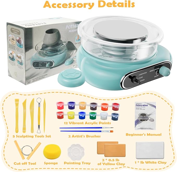 Pottery Wheel for Kids: Complete Pottery Painting Kit for Beginners - Adjustable Speed & Detachable Turntable - Pottery Tools and Art Supplies - Crafts Kits for 6 7 8 9 10 11 12 Year Old Girls & Boys