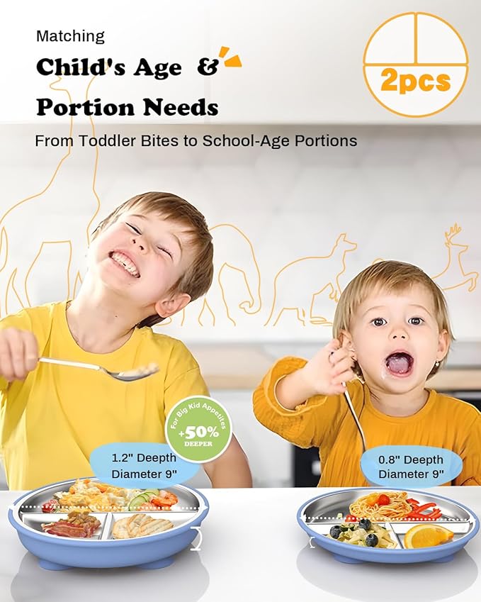 Stainless Steel Toddler Suction Plate with Lid, Deeper 9" Divided Plates with Removable Silicone Sleeves for Kids, Non Toxic & BPA Free | Unbreakable Baby Snack Dishes Set of 2, Blue & Sage