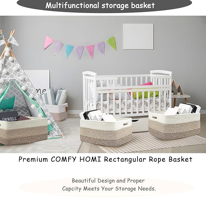 COMFY-HOMI Cotton Rope Woven Basket with Handles for Shelves,Toys,Book, Cloth Storage Baskets for Organizing-17" x 13" x 7.5" Toy Decorative Organizer for Living Room, Bathroom （white/3 brown）