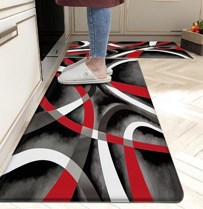 Kitchen Mats for Floor red Kitchen Rugs Modern Abstract Circle Anti Fatigue Kitchen Mats Waterproof Floor Mats Cushioned Non-Skid Standing Mats for Laundry, Office, Set of 2,17.3 x 28+17.3 x 47 Inch