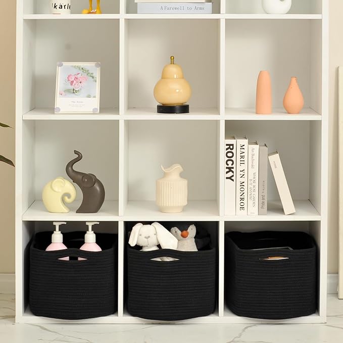 Large Storage Baskets for Organizing Shelves, Woven Cotton Rope Bins for Baby Nursery Organization, Book Toy Towel Organizer, 17"x13"x9.5", 3 Packs, Black