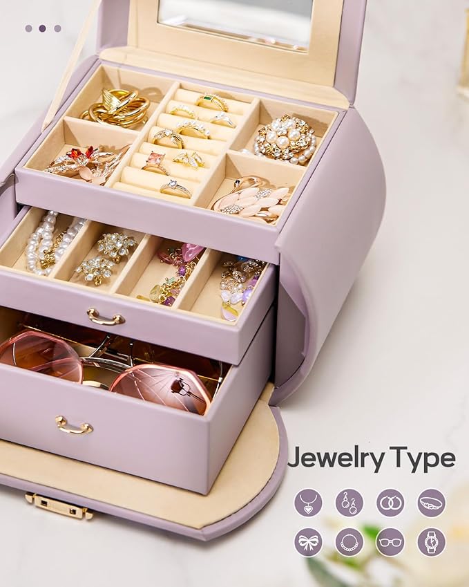 Homde Girls Jewelry Box Jewelry Storage Case Organizer Faux Leather with Mirror for Rings, Earrings, Bracelets, Necklaces (Grey Purple)