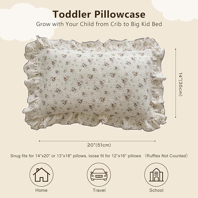 BuLuTu Floral Toddler Pillow Cases Cotton Muslin Cotton Pillowcases for Girls Nursery Pillow, Kids Pillow Cover for Crib/Toddler Bed, Envelope Closure,1 Piece, Crapemyrtle Pattern, 14"x20"