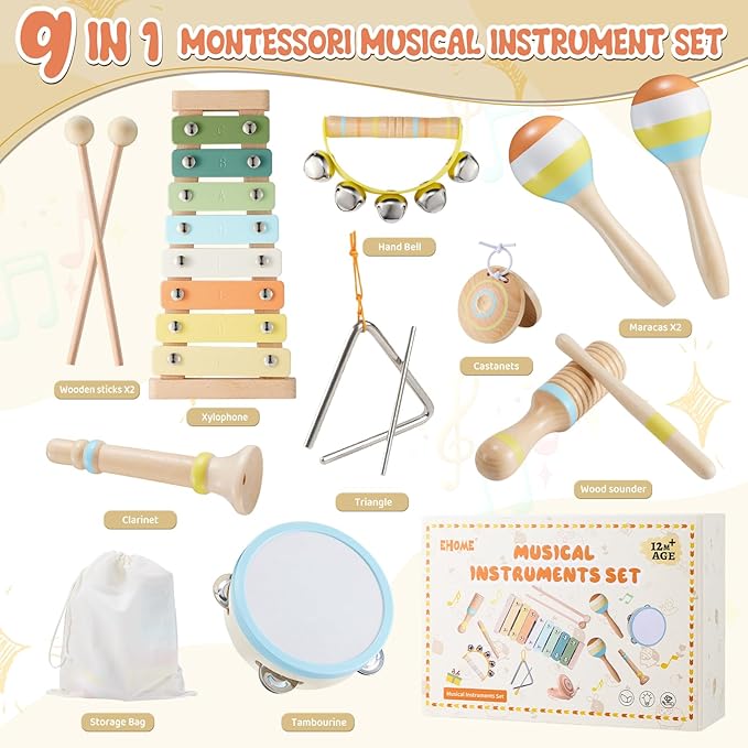 Baby Musical Instruments Set Montessori Wooden Music Toys for Toddlers 3 4 5 Neutral Color Percussion Music Kit with Drum, Xylophone,Storage Bag, Birthday Preschool Learning Gift for Boys Girls