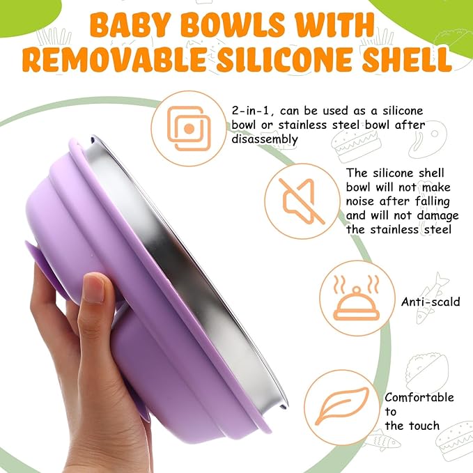 Nuogo 2 Pcs Stainless Steel Baby Suction Plates with Removable Silicone Shell 2-in-1 Metal Toddler Bowl Divided for Picky Eaters Kids Feeding Led Weaning Supplies, Dishwasher Safe (Purple,Green)