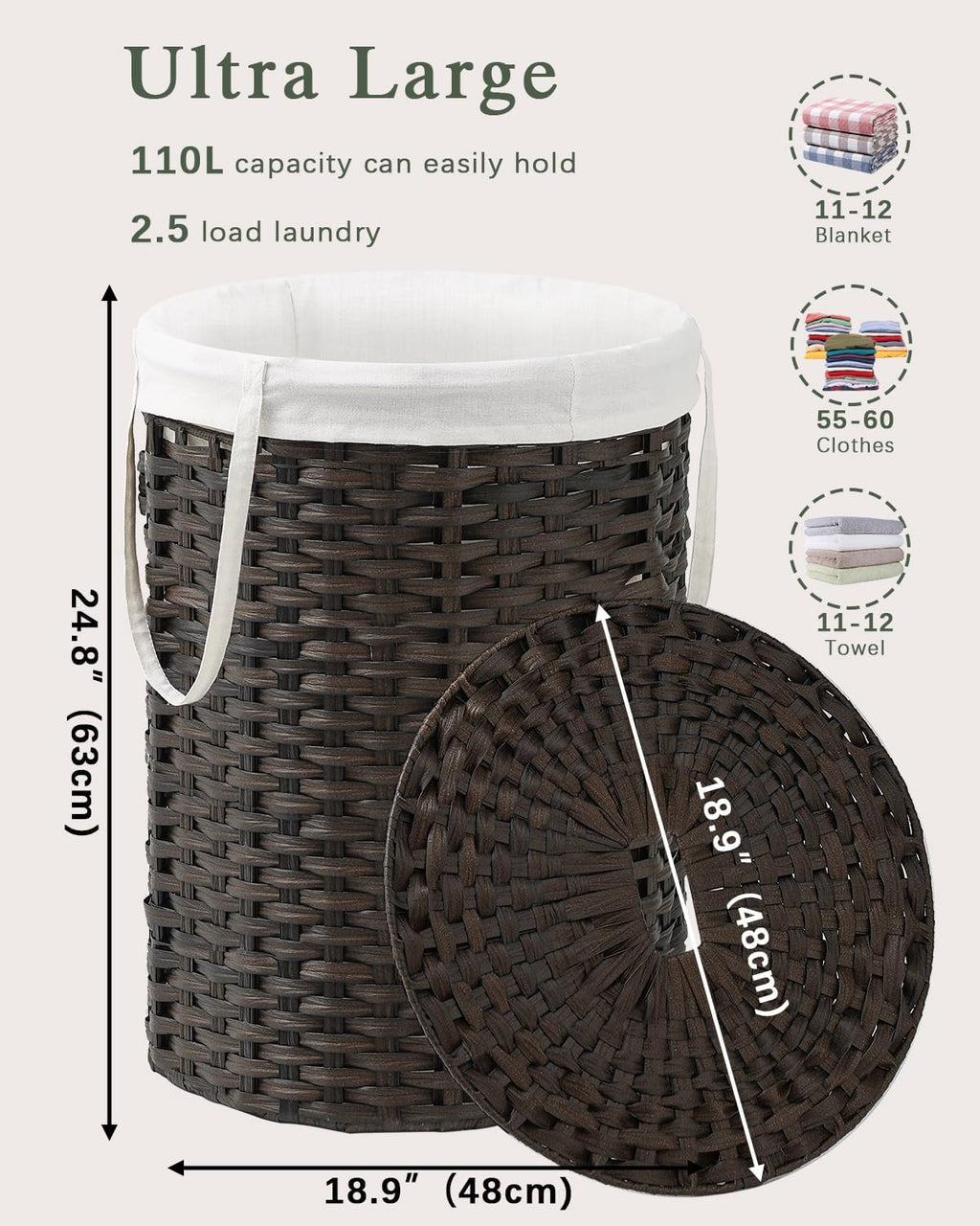 Laundry Basket with Lid Round Rattan Laundry Hamper with Lid and Handles 29.1 Gal (110 L) Handwoven Woven Basket with Removable Bags and 2 Mesh Bags for Bathroom Living Room Brown