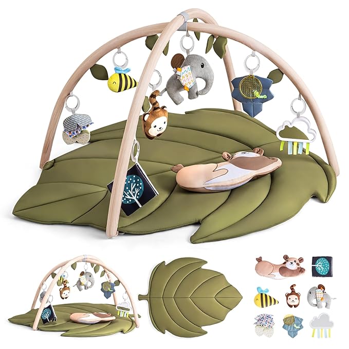 Infant Activity Center for Newborn to Develop Motor Cognition Leaves Leaf-Shaped Baby Play Gym & Activity Mat Extra Large Tummy Time Mat with 8 Detachable Toys