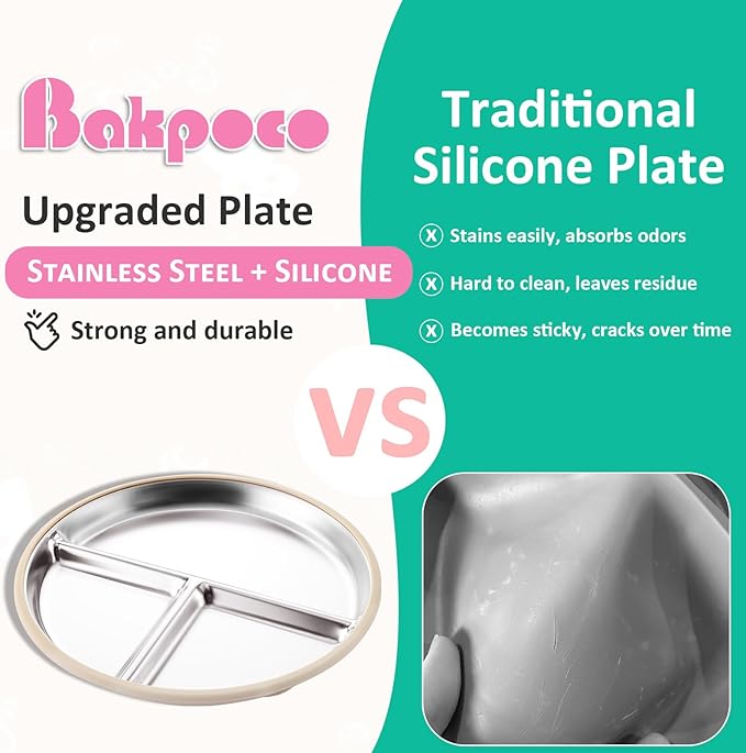 Stainless Steel Baby Plate with Suction, 9” Divided Toddler Plates with Removable Silicone Sleeves for Kids, Non-Toxic Non-Slip Unbreakable Dishwasher Safe Dinnerware Set of 2, Pink & Beige