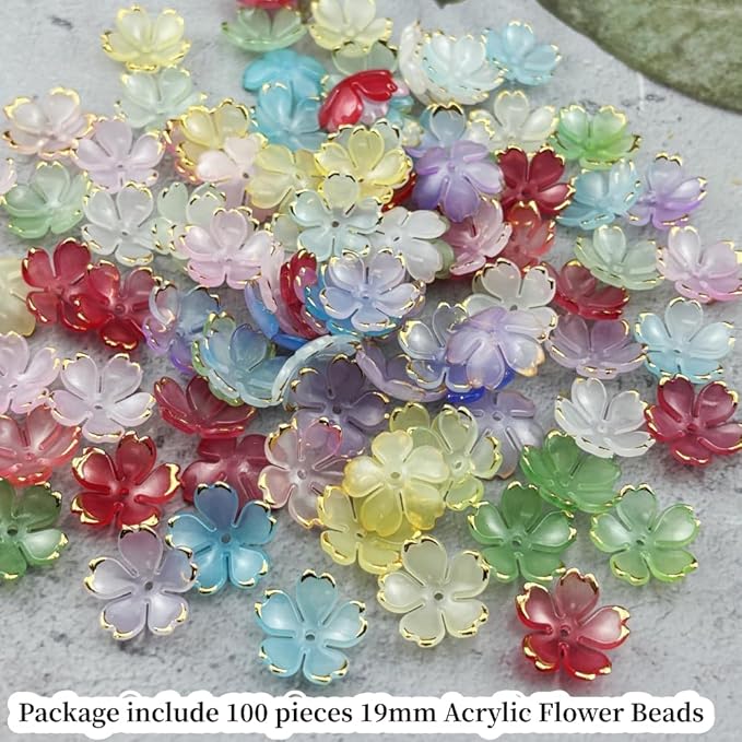 100pcs Acrylic Flower Beads, 19mm Cherry Blossom Plastic Gradient Flower Spacer Beads for DIY Crafts Bracelet Necklace Earrings Jewelry Making(Mix Colors)