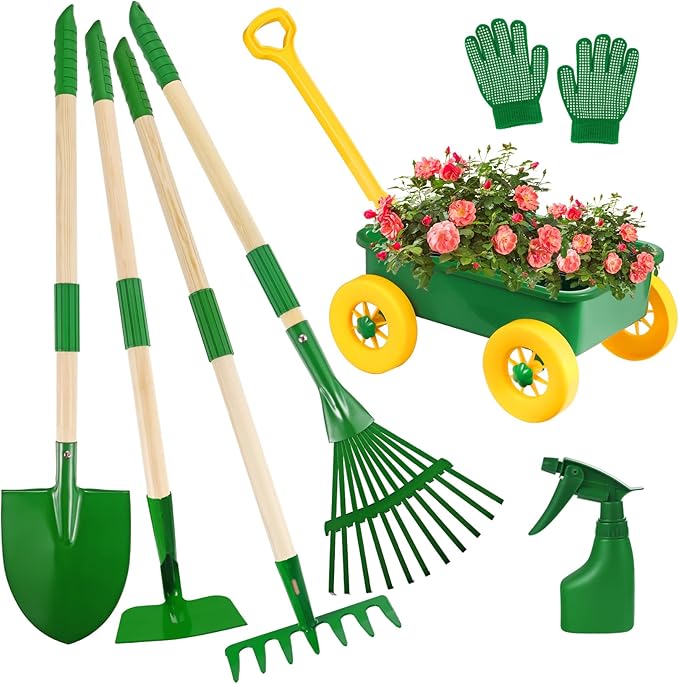 Duckura Kids Gardening Tools Set - 7pcs Wheelbarrow Set Outdoor Toy for Kids with Shovel, Rake, Leaf Rake, Yard Digging Weed Toys, Halloween Birthday Gifts for Boys Girls Age 2 3+Years Old(Yellow)