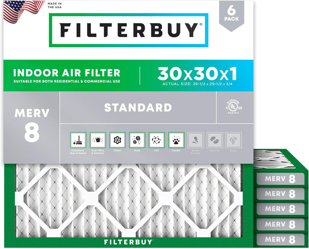 Filterbuy 30x30x1 Air Filter MERV 8 (MPR 700) Dust Defense Replacement (6-Pack), Electrostatic Pleated HVAC AC Furnace Filters, Made in USA (Actual Size: 29.50 x 29.50 x 0.75)