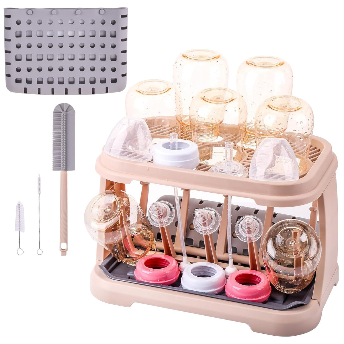 Baby Bottle Drying Rack:Space Saving Standing Drying Rack for Baby Bottles and Pump Part Cleaning,be Equipped with Bottle Brush（Pink Lotus Root）
