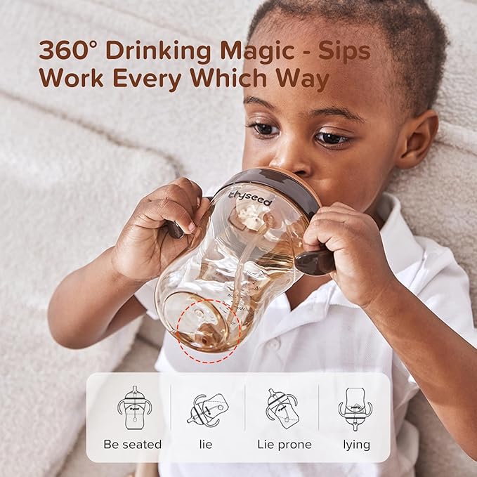 thyseed PPSU Weighted Straw Cup with Handles Toddlers Transition Bottles to Sippy Cups No Spill Learner Milk Water Baby Bottle Soft Silicone Spout Dishwasher Safe BPA Free 6+ Months 10oz/300mL 1 Pack