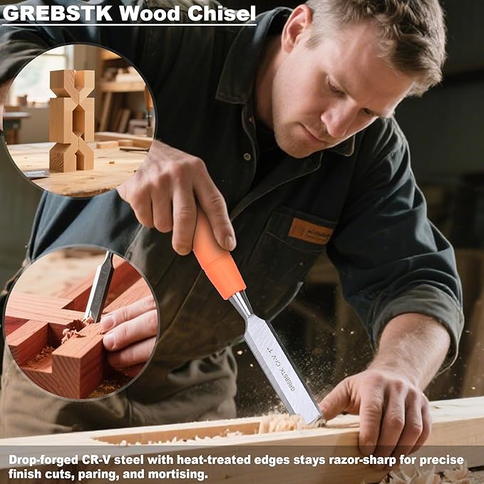 GREBSTK 4 Pcs Wood Chisel Set, CRV Steel Bevel Sharp Edge Bench Chisels with Metal Striking Cap, for Woodworking and DIY Projects, 8"x(1/4", 1/2", 3/4", 1")