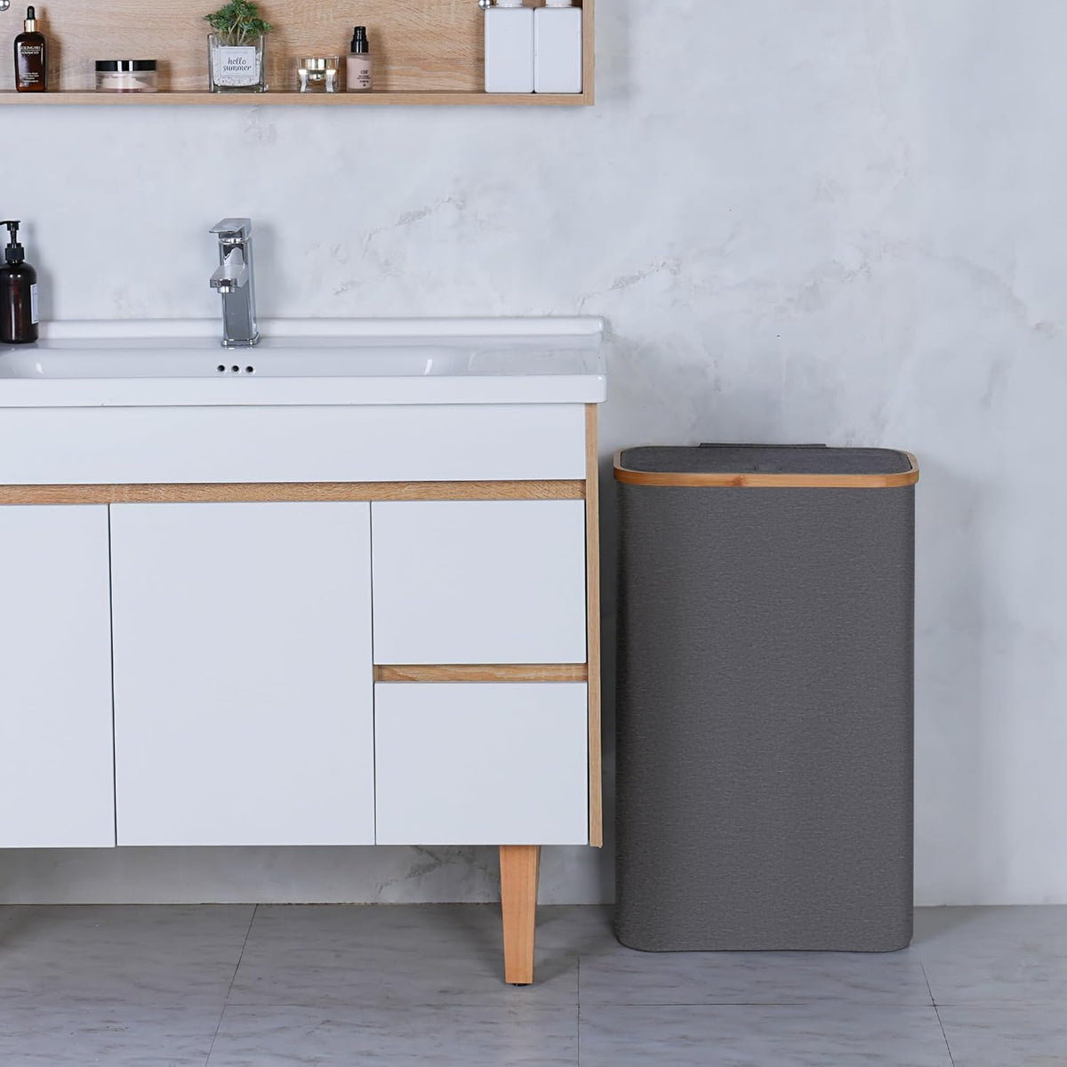 Slim Laundry Basket,60L Laundry Hamper with Lid, Tall Hamper for Laundry,Dirty Cloth Hamper with Bamboo Handle for Toys,Towels, Clothes Organizing,Grey