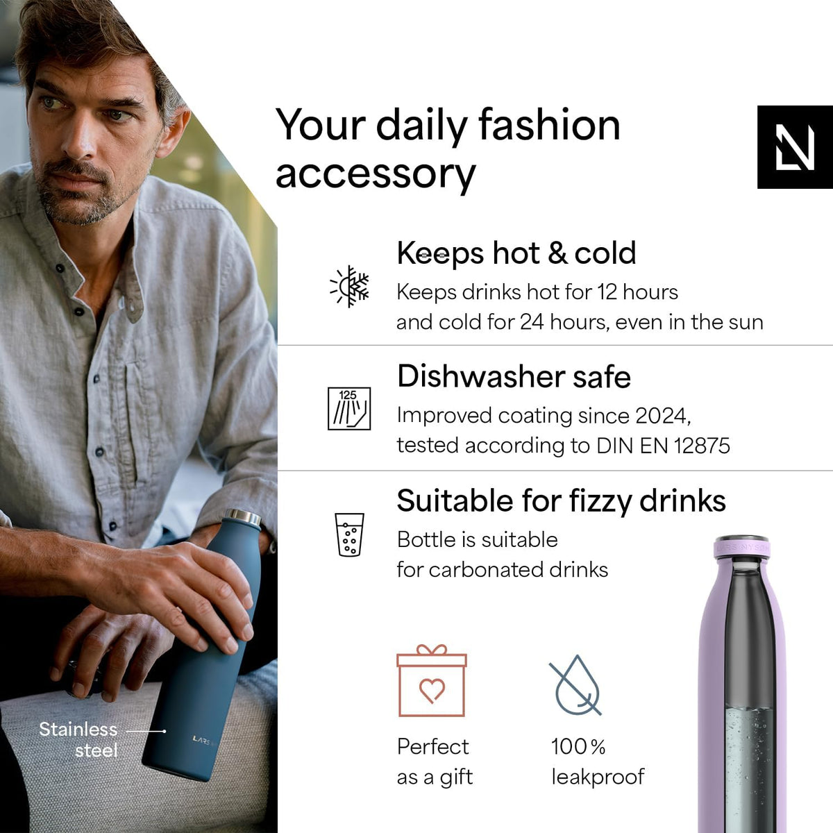 LARS NYSØM Stainless Steel Insulated Water Bottle 12oz 17oz 25oz 34oz 51oz | Insulated Thermo Flask for Hot and Cold Beverages | Leakproof Drinking Bottle (Lavender Purple, 17oz)