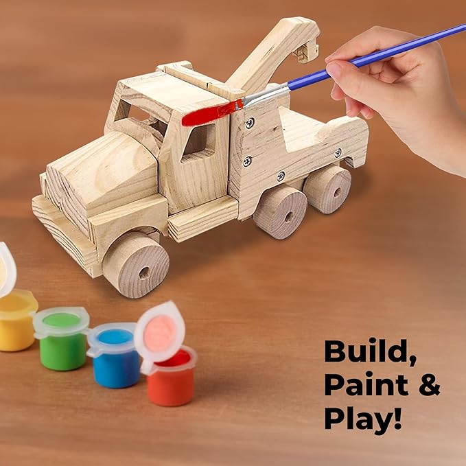Kraftic Woodworking Building Kit for Kids and Adults, with 3 Educational DIY Carpentry Construction Wood Model Kit Toy Projects for Boys and Girls - Tow Truck, Birdhouse and Dump Truck