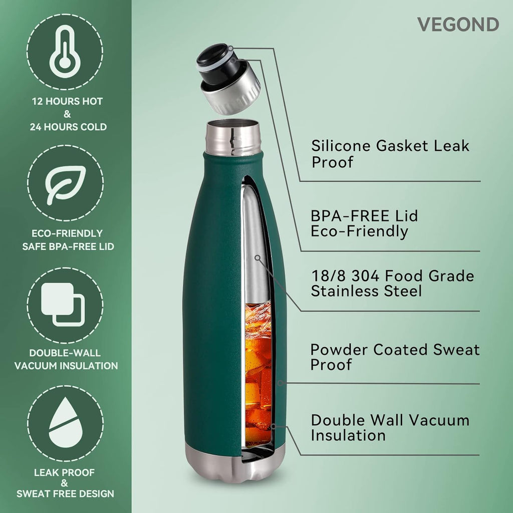 VEGOND 17oz Stainless Steel Water Bottles, Reusable Metal Sports Water Bottle Keeps Drink Hot and Cold, BPA Free Double Wall Vacuum Cola Shape Insulated Water Bottle for Camping Gym, 1 Pack