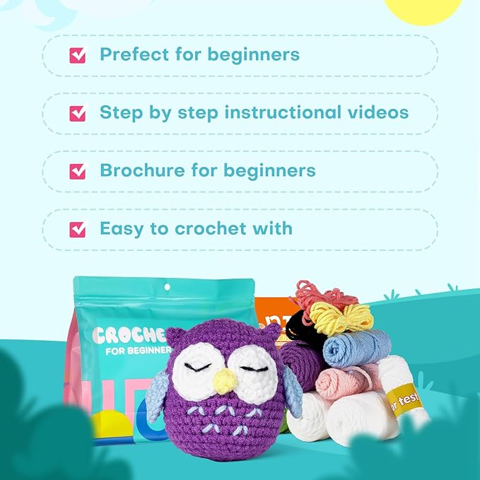 RoseFlower Crochet Kit for Beginners, Easy Crochets Starter Kits with Step-by-Step Video Tutorials, DIY Craft Knitting Crochet Animals Set for Kids Adult - 3 Pack Frog Owl Rabbit