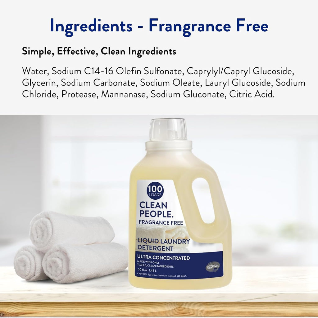 The Clean People Liquid Laundry Detergent - Recyclable Packaging, Stain Fighting - Ultra Concentrated, Laundry Soap - Fragrance Free, 50 fl oz