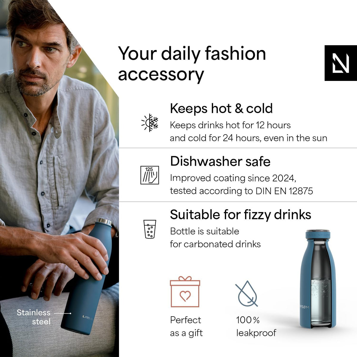 LARS NYSØM Stainless Steel Insulated Water Bottle 12oz 17oz 25oz 34oz 51oz | Insulated Thermo Flask for Hot and Cold Beverages | Leakproof Drinking Bottle (Calypso Blue, 11.9oz)