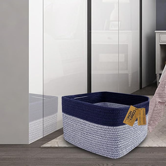 COMFY-HOMI 3PACK Rectangular Cotton Rope Basket With Handles for Shelves|Dog Toy|Baby Gift - Dark Blue (13.5" x 11" x 9.5")